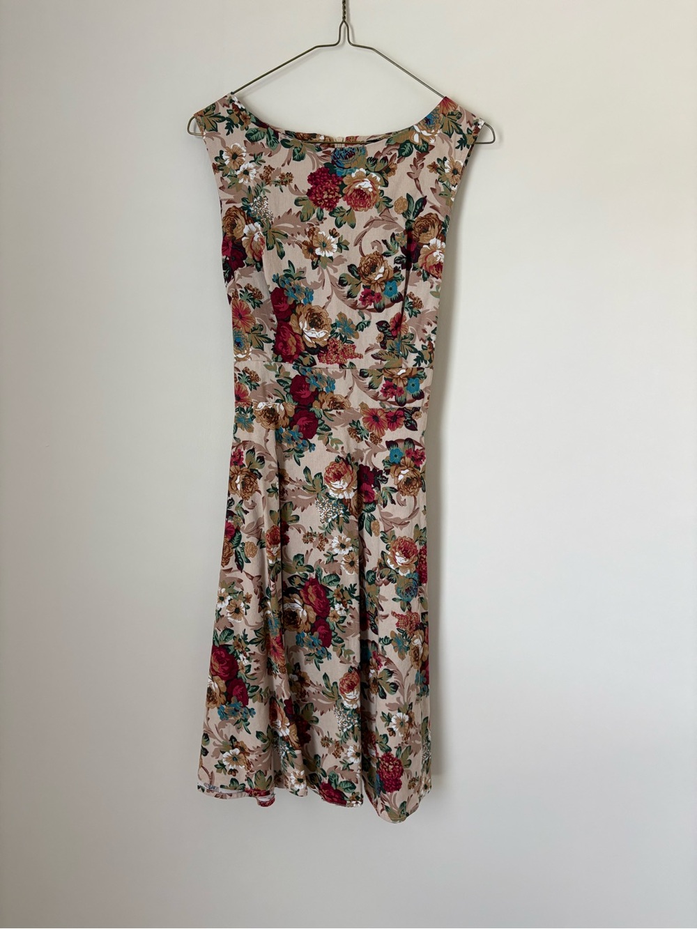 Floral Midi Dress in Beige with Red & Teal Accents